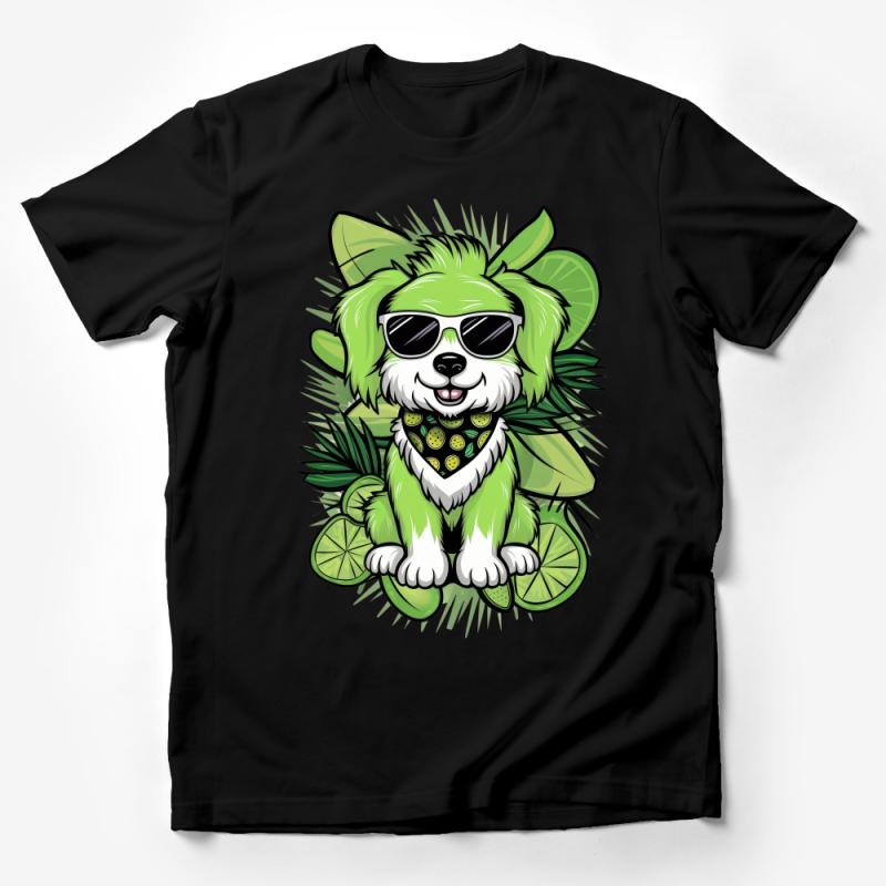 Funky Dog Lemon Print T-Shirt, Cute Dog with Sunglasses and Citrus, Tropical Puppy Graphic Tee, Summer Casual Wear Unisex Male T-Shirt