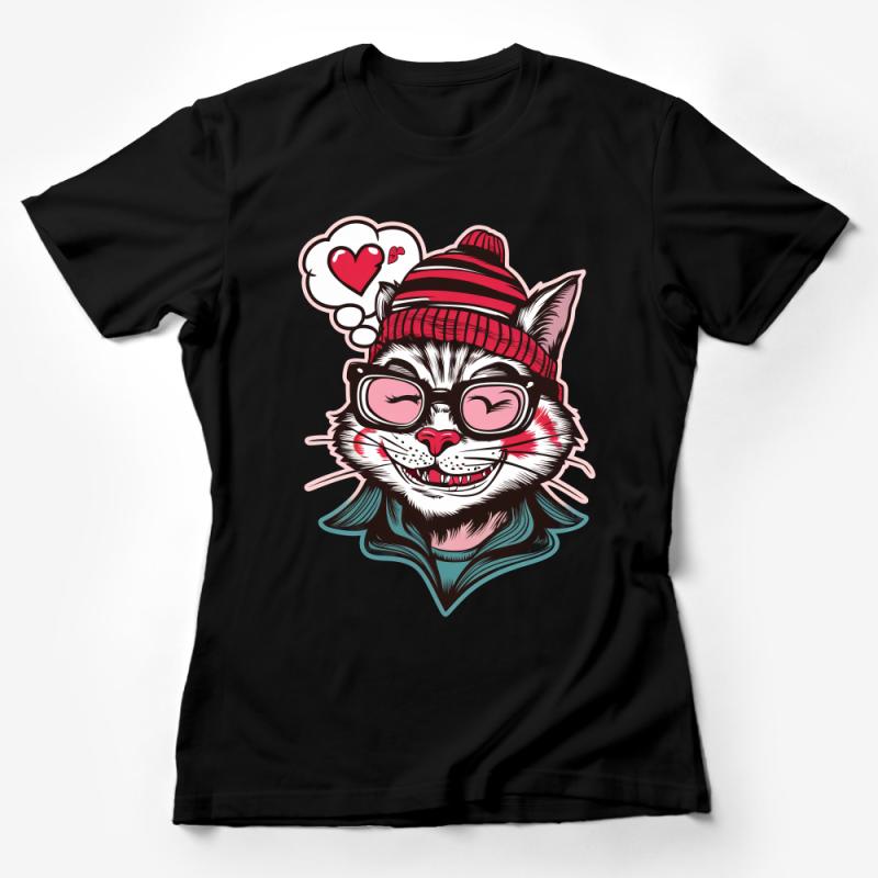 Hipster Cat T-Shirt, Cute Cat with Glasses and Hat, Funny Cartoon Cat Tee, Unisex Graphic Tee, Cat Lover Gift, Casual Wear Female T-Shirt