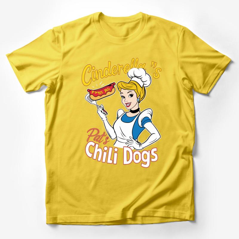 Cinderella-Inspired Cartoon Chef T-Shirt, Funny Hot Dog Graphic Tee, Novelty Fairy Tale Foodie Shirt, Unisex Casual Apparel Male T-Shirt