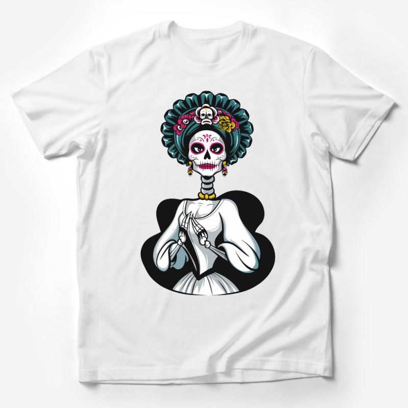 Dia de los Muertos Sugar Skull Woman T-Shirt, Mexican Folk Art Tee, Floral Skull Graphic, Gothic Fashion Top, Unique Halloween Shirt Male T-Shirt