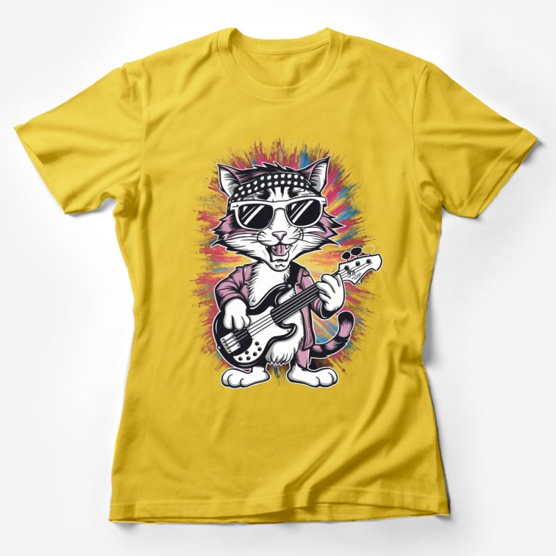 Cool Cat Playing Bass Guitar T-Shirt, Rock n Roll Feline with Sunglasses, Unisex Graphic Tee, Musician Gift Idea, Band Shirt Female T-Shirt