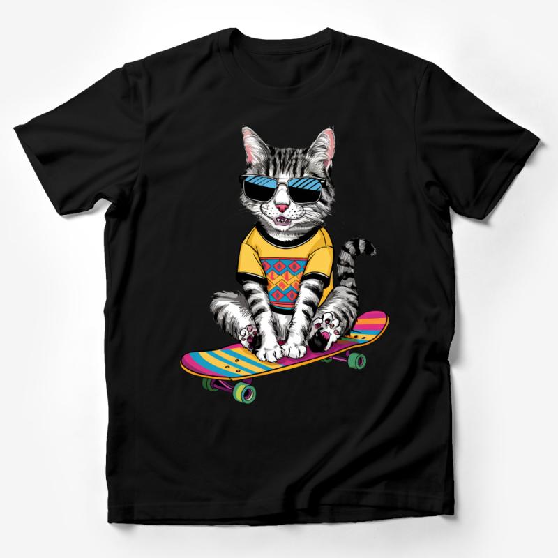 Cool Cat T-Shirt, Skateboarding Feline with Sunglasses, Graphic Tee, Unisex Cotton Shirt, Casual Streetwear, Skateboarder Cat Lover Gift Male T-Shirt