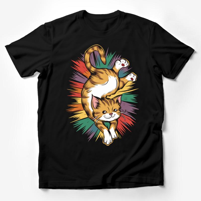 Colorful Cat T-Shirt, Rainbow Burst Background, Playful Kitten Graphic Tee, Unisex Adult and Youth Sizes Male T-Shirt