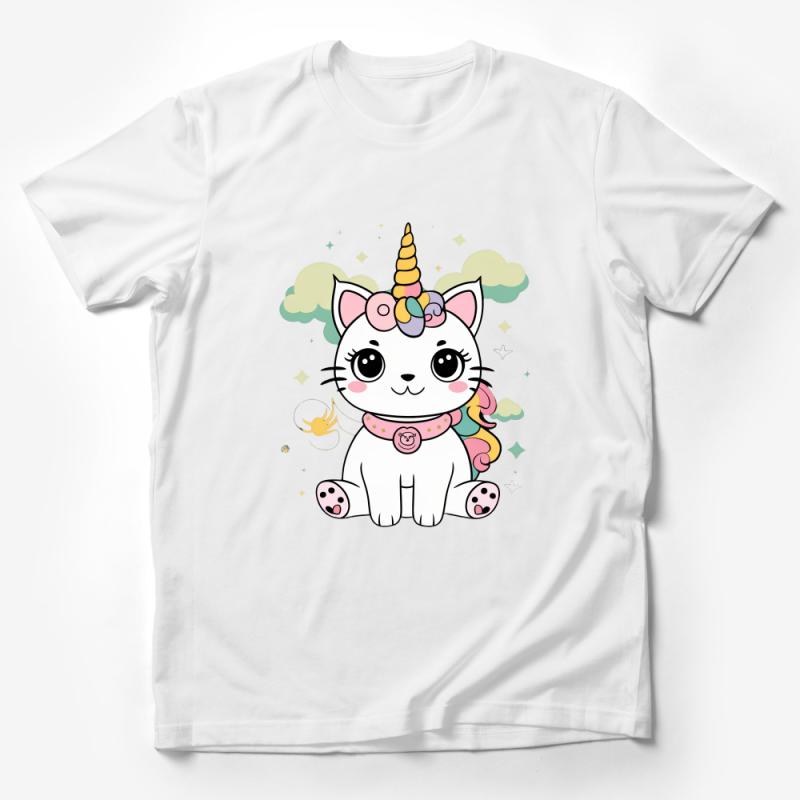 Kawaii Unicorn Cat T-Shirt for Girls, Cute Magical Kitty, Adorable Fantasy Creature, Soft Cotton Tee, Rainbow and Stars Design Male T-Shirt