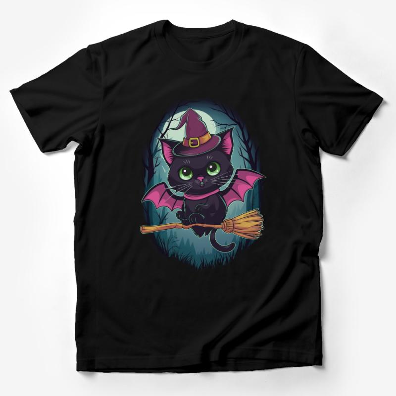 Cute Witch Cat T-Shirt, Halloween Black Cat with Witch Hat, Bat Wings, Kitten on Broom, Spooky Unisex Tee, Holiday Gift Idea Male T-Shirt