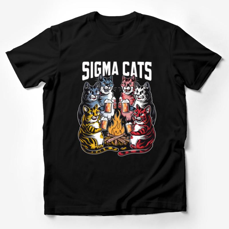 Sigma Cats T-Shirt, Funny Cats Drinking Beer around Campfire, Cat Lovers Tee, Casual Graphic Shirt, Unisex Cotton Top, Animal Humor Male T-Shirt