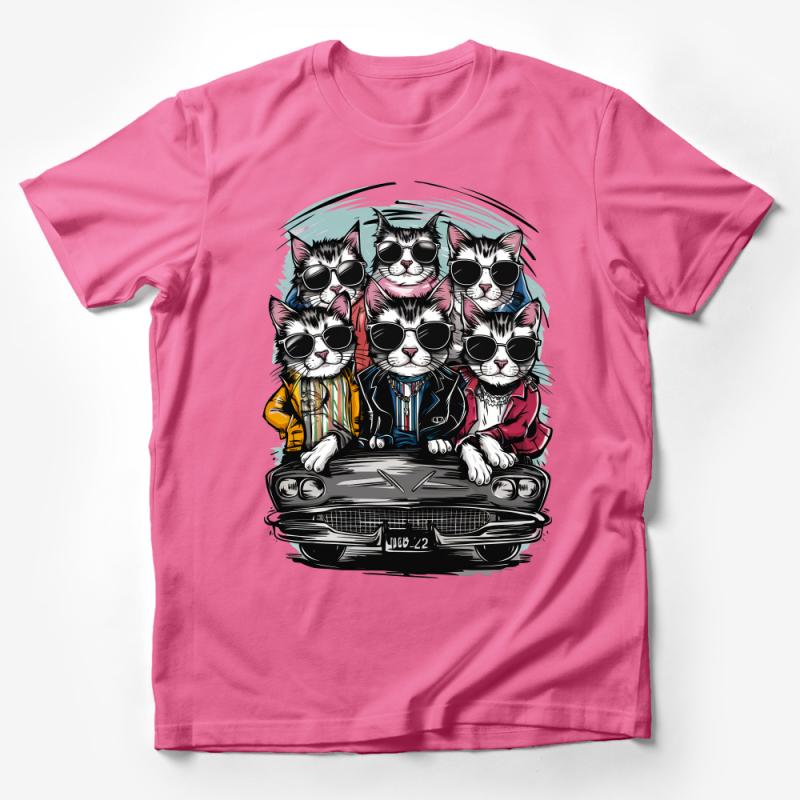 Cool Cats in Sunglasses Vintage Car T-Shirt, Unisex Cat Lover Tee, Retro Style Graphic Shirt, Hipster Cats Casual Apparel Male T-Shirt