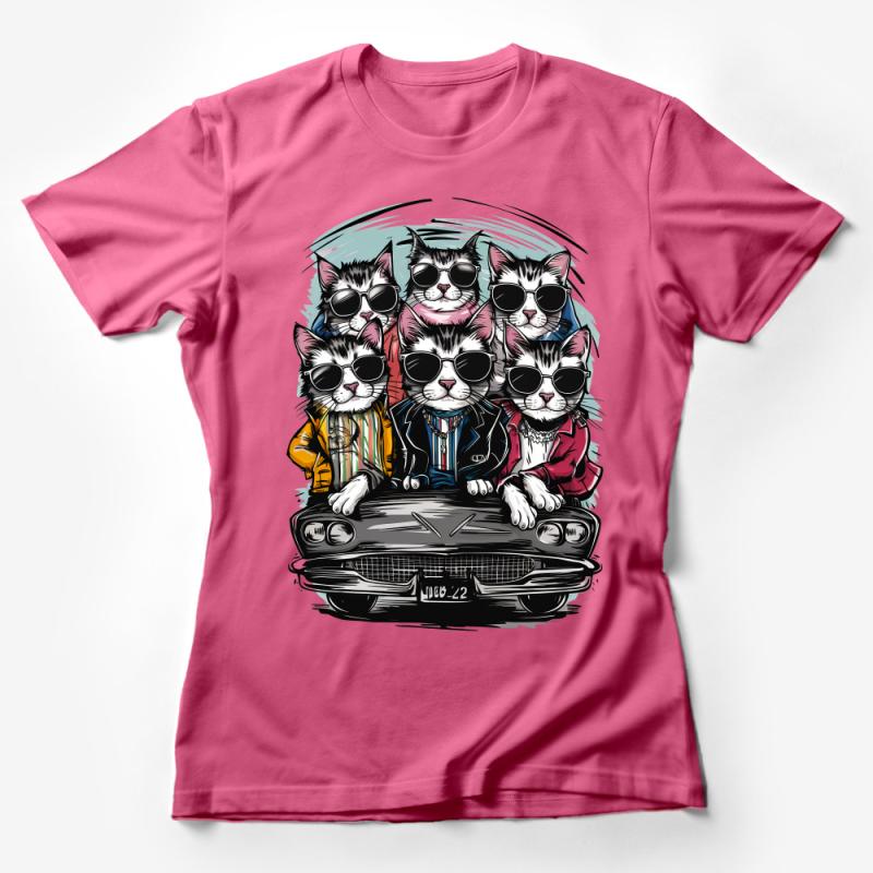 Cool Cats in Sunglasses Vintage Car T-Shirt, Unisex Cat Lover Tee, Retro Style Graphic Shirt, Hipster Cats Casual Apparel Female T-Shirt