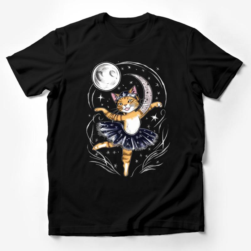 Moon Dancing Cat T-Shirt, Whimsical Cat Ballerina Tee, Cute Animal Graphic Shirt, Ballet Dancer Kitten Top, Pet Lovers Gift Male T-Shirt