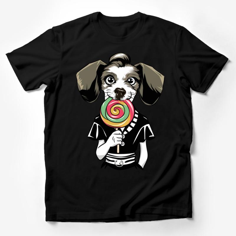 Cute Dog Lollipop Graphic Tee, Puppy with Candy Illustration T-Shirt, Fun Animal Lover Shirt, Casual Unisex Tee for Pet Owners Male T-Shirt