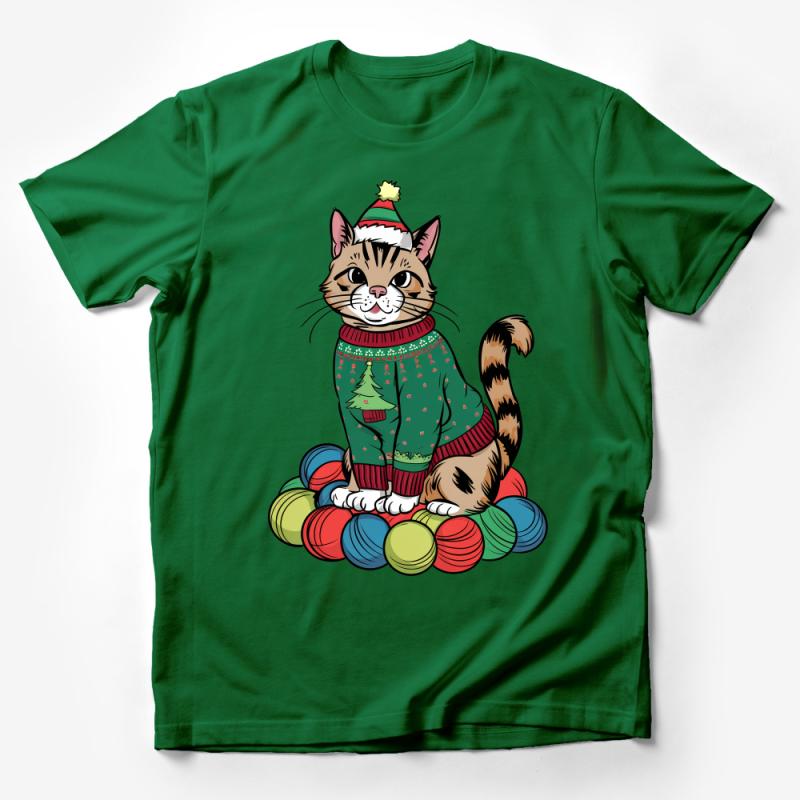 Festive Holiday Cat T-Shirt, Christmas Kitten with Santa Hat, Cozy Winter Apparel, Ugly Sweater Party Tee, Cat Lover Gift, Unisex Top Male T-Shirt