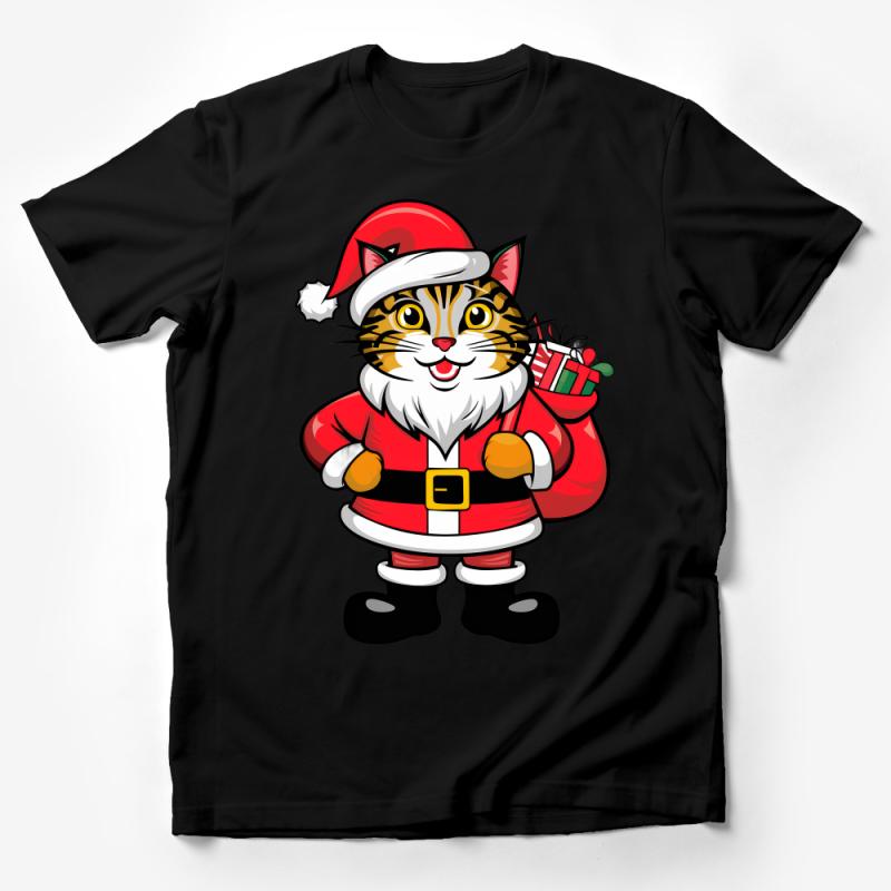 Festive Cat Santa Clause T-Shirt, Cute Christmas Kitty with Gift, Holiday Apparel, Unisex Graphic Tee for Cat Lovers Male T-Shirt