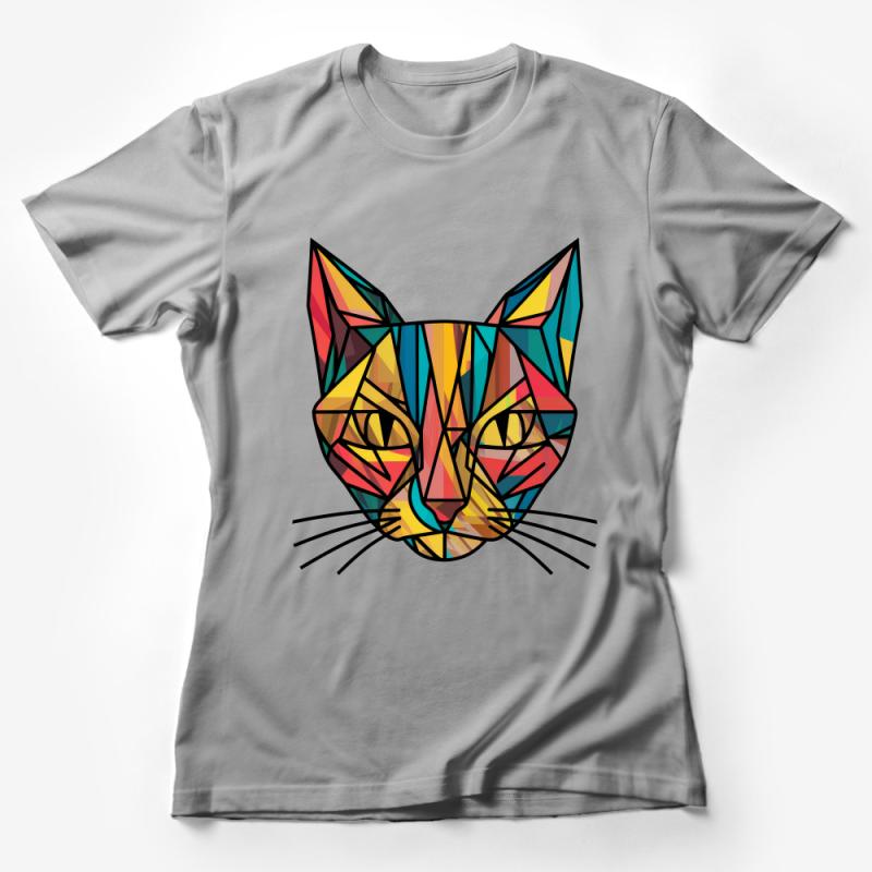 Colorful Geometric Cat Face T-Shirt, Artistic Abstract Animal Print Tee, Unisex Casual Graphic Shirt for Cat Lovers Female T-Shirt