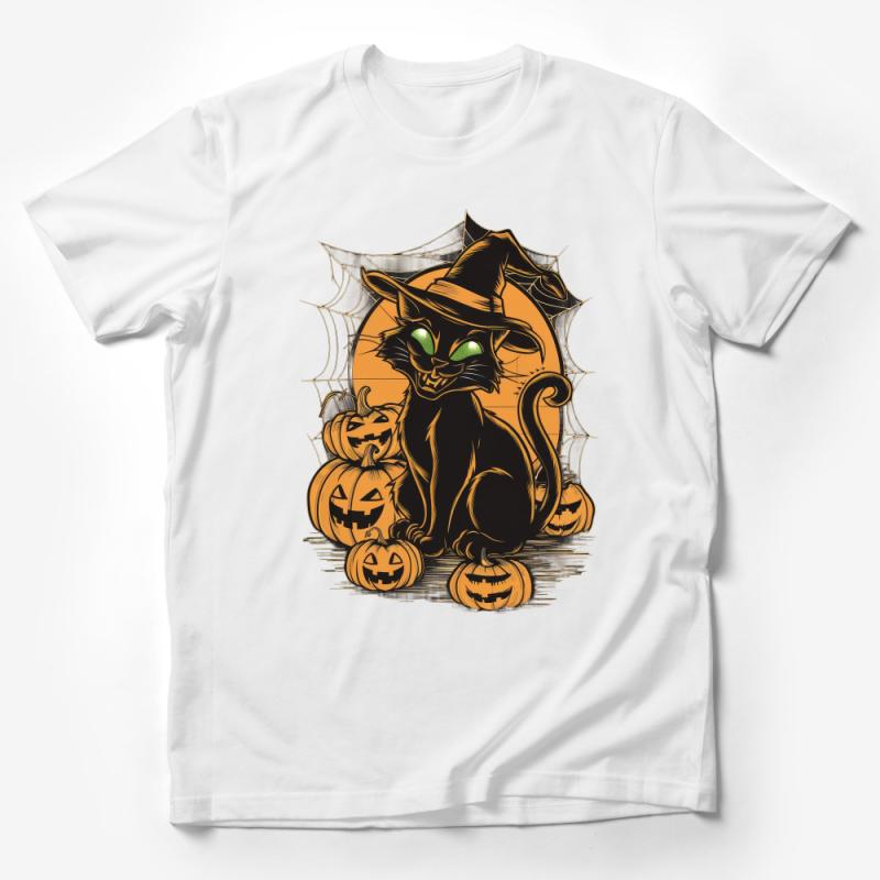 Halloween Black Cat T-Shirt, Spooky Witch Hat Cat, Pumpkin Graphic Tee, Autumn Holiday Unisex Shirt, Creepy Cute Apparel Male T-Shirt