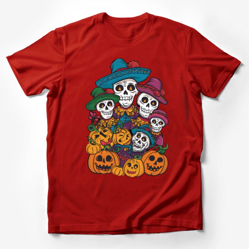 Colorful Day of the Dead Skulls T-Shirt, Mexican Dia de los Muertos Tee, Family Sugar Skulls Shirt with Pumpkins Male T-Shirt