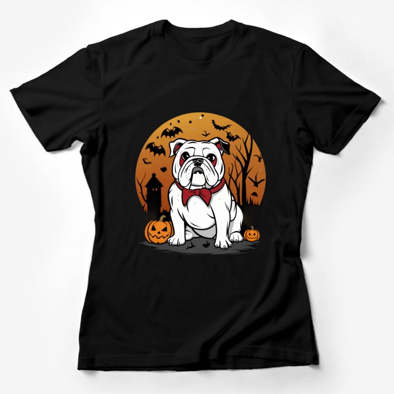 Halloween Bulldog T-Shirt, Cute Dog in Bow Tie, Autumn Spooky Season Tee, Pumpkin and Bats Graphic Shirt, Animal Lover Gift Top Female T-Shirt