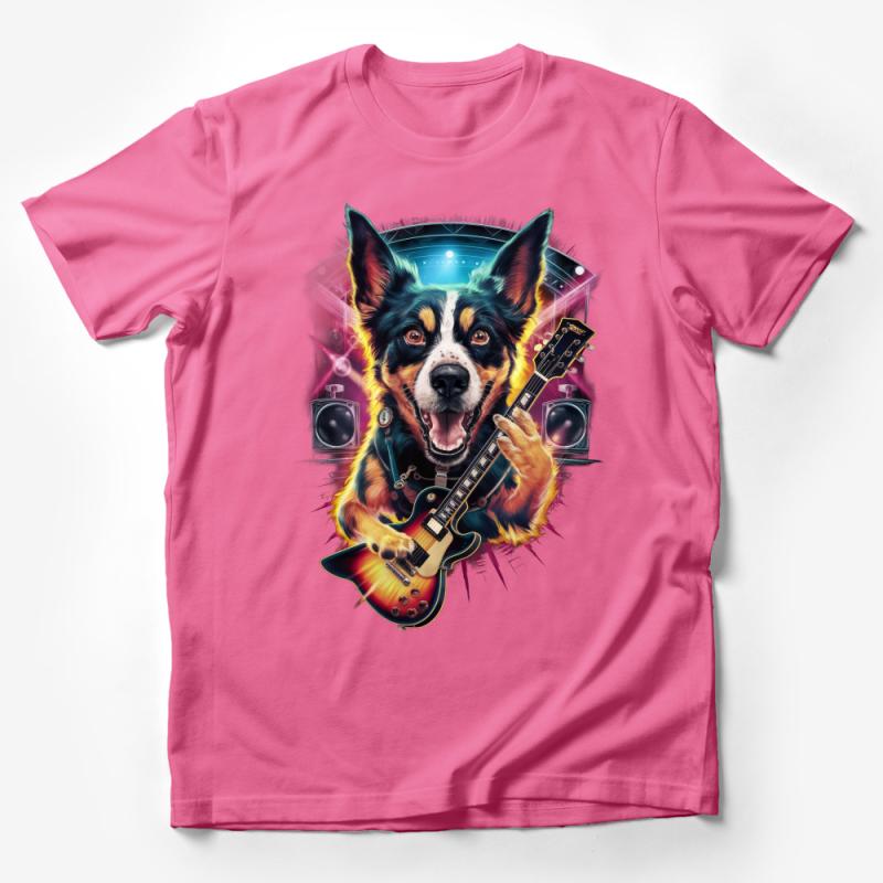 Rockstar Dog T-Shirt, Colorful Canine Guitar Player, Animal Music Lovers Tee, Unisex Graphic Shirt, Pet Concert Apparel Male T-Shirt