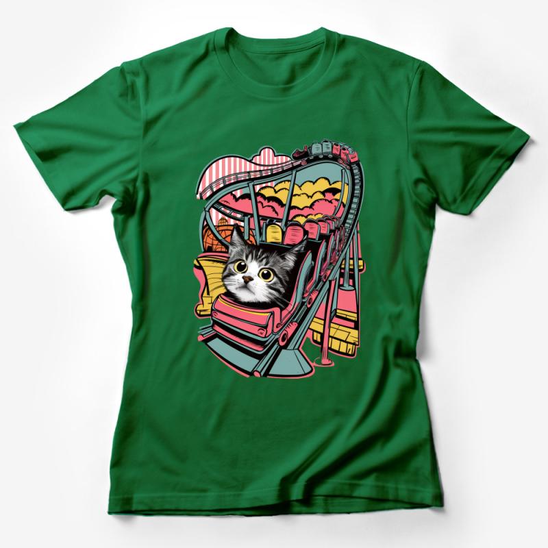 Quirky Cat in Amusement Park Ride Graphic Tee, Whimsical Cat Lover T-Shirt, Unisex Adult Clothing Female T-Shirt