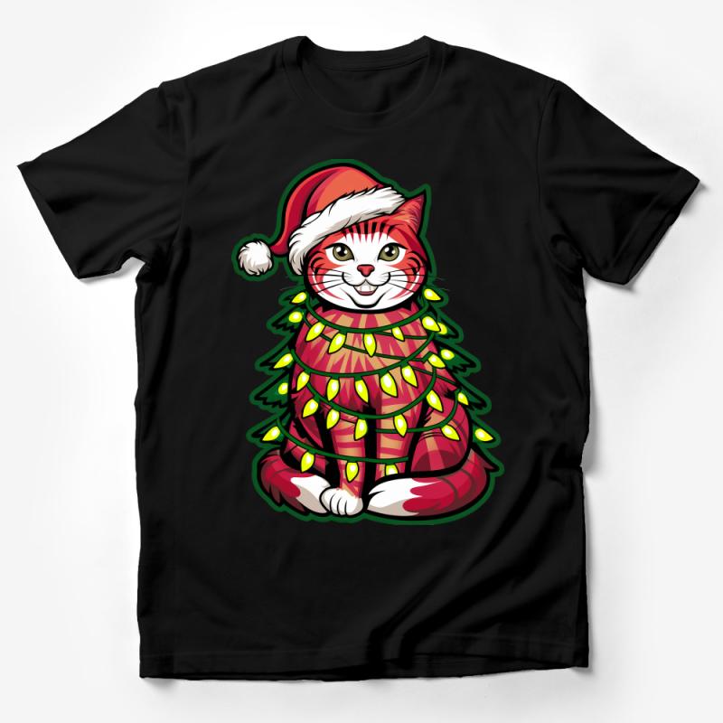 Festive Cat Christmas Tree T-Shirt, Holiday Cat Lover Gift, Cute Santa Hat Kitten Tee, Unisex Pet Enthusiast Shirt, Xmas Clothing Male T-Shirt