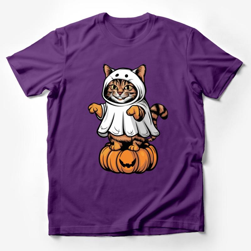 Cute Cat in Ghost Costume Halloween T-Shirt, Spooky Kitten Pumpkin Tee, Fall Season Unisex Apparel Male T-Shirt