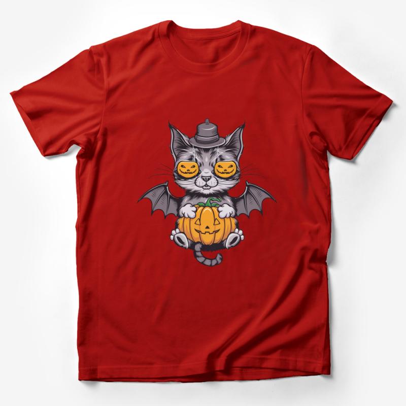 Funny Halloween Cat T-Shirt, Cute Bat Wings Cat with Pumpkin, Spooky Kitty Graphic Tee, Unisex Fall Festival Shirt, October Wear Male T-Shirt