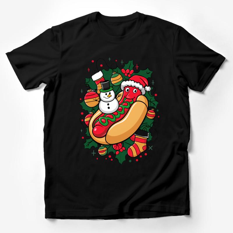 Festive Hot Dog Christmas T-Shirt, Funny Holiday Food Tee, Xmas Party Wear, Colorful Graphic Shirt, Unisex Winter Top, Casual Apparel Male T-Shirt