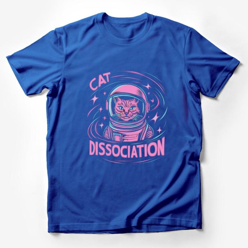 Space Cat Dissociation T-Shirt, Quirky Astronaut Cat Graphic Tee, Pink and White Funny Cat Lover Gift, Trendy Feline Apparel Male T-Shirt