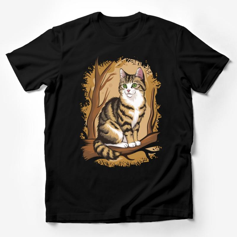 Whimsical Cat T-Shirt, Cute Tabby Cat Illustration Tee, Nature-Themed Animal Lover Shirt, Unisex Graphic Tee for Cat Enthusiasts Male T-Shirt