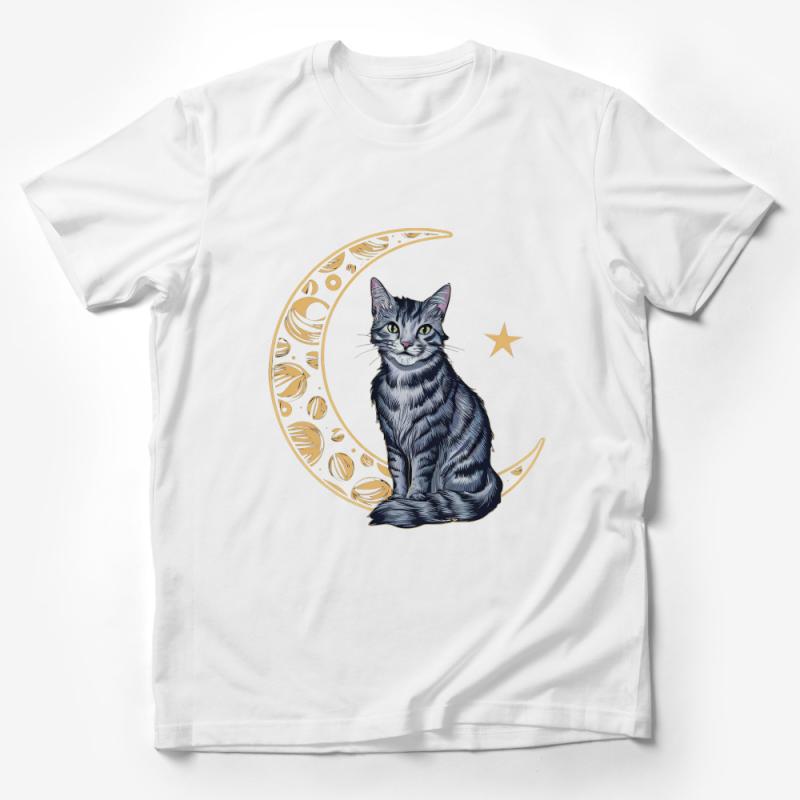 Moon Cat T-Shirt, Whimsical Cat on Crescent Moon Tee, Starry Night Feline Shirt, Animal Lover Gift, Mystical Cat Top, Unique Pet Design Male T-Shirt