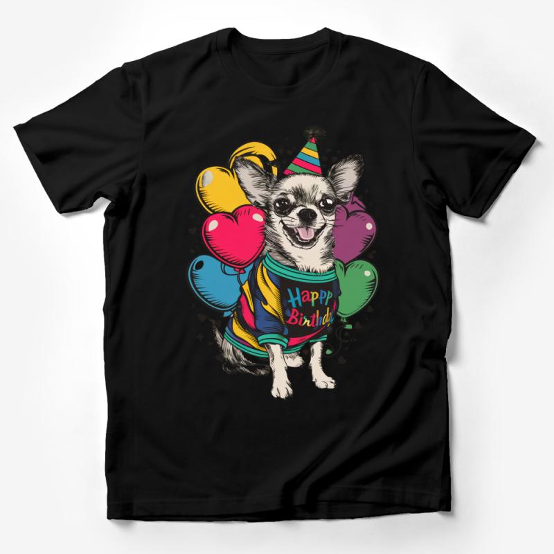 Cute Birthday Chihuahua T-Shirt, Colorful Balloons Graphic Tee, Happy Birthday Party Dog Lover Gift Male T-Shirt