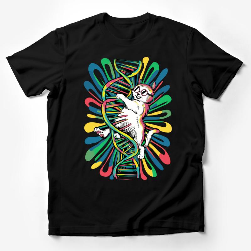 Colorful Cat DNA Helix Graphic T-Shirt, Hipster Cat with Glasses Tee, Unique Cat Lover Gift Shirt, Whimsical Animal Science Top Male T-Shirt