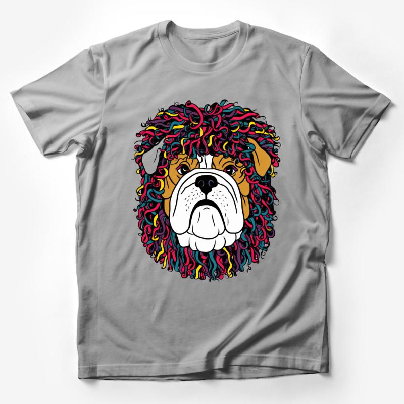 Colorful Curly Haired Bulldog Face Tee, Unisex Graphic T-Shirt for Dog Lovers, Unique Pet Portrait Apparel, Casual Wear Male T-Shirt