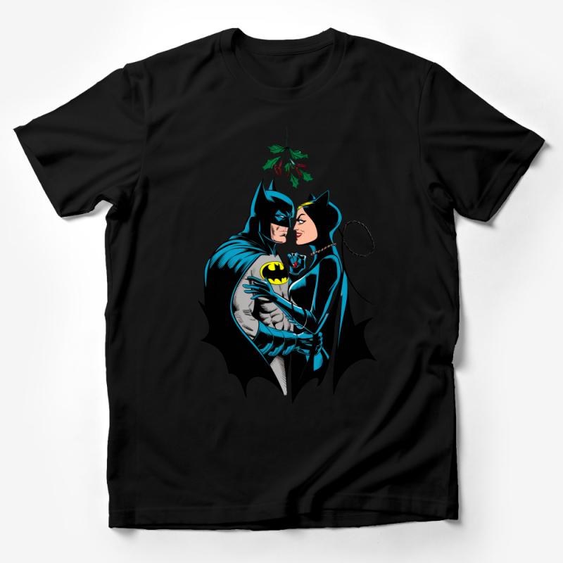 Batman Catwoman Kiss T-Shirt, Christmas Mistletoe Superhero Couple Tee, Unique Comic Book Graphic Shirt, Unisex Gift Idea Male T-Shirt