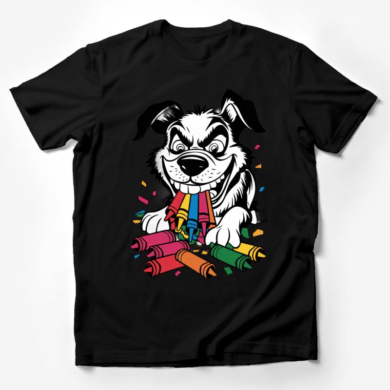 Playful Cartoon Dog T-Shirt, Colorful Puppy with Crayons, Fun Kids Unisex Tee, Soft Cotton Casual Outfit, Gift for Children Male T-Shirt