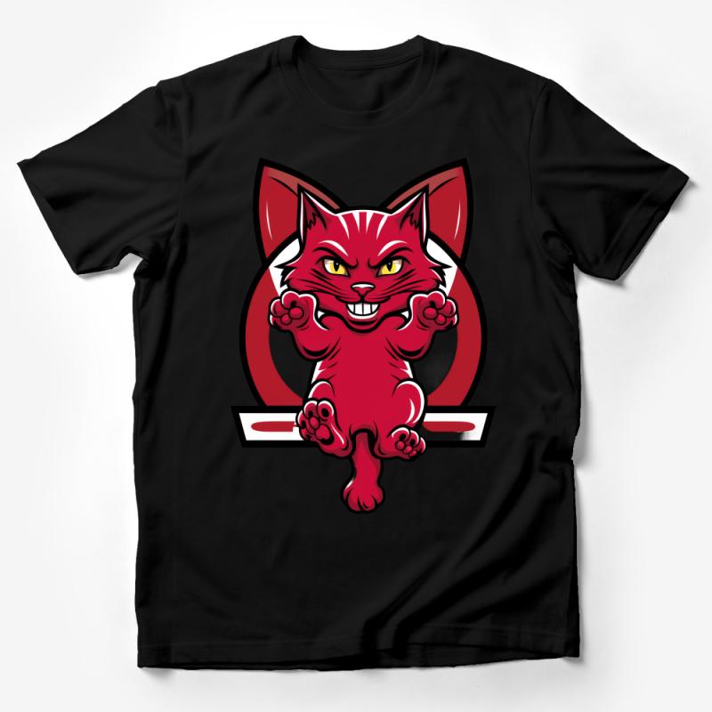 Red Cartoon Cat T-Shirt, Cute Fierce Feline Graphic Tee, Unisex Adult and Kids, Casual Comfort Wear, Cat Lover Gift Male T-Shirt