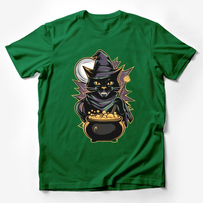 Black Cat Witch Cartoon T-Shirt, Cute Magical Kitty with Cauldron, Halloween Themed Tee, Unisex Graphic Shirt Male T-Shirt