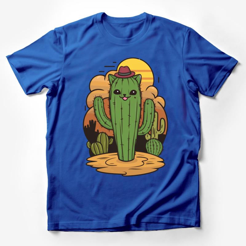 Cute Cactus with Hat T-Shirt, Desert Sunset Cartoon Graphic Tee, Unisex Casual Apparel Male T-Shirt