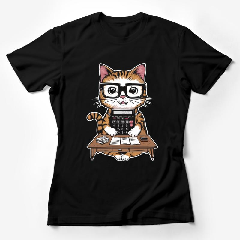 Nerdy Cat T-Shirt | Cute Geeky Kitten with Glasses | Unisex Casual Tee | Fun Cartoon Cat Lover Gift | Math Whiz Feline Shirt | Cool Pet Apparel Female T-Shirt