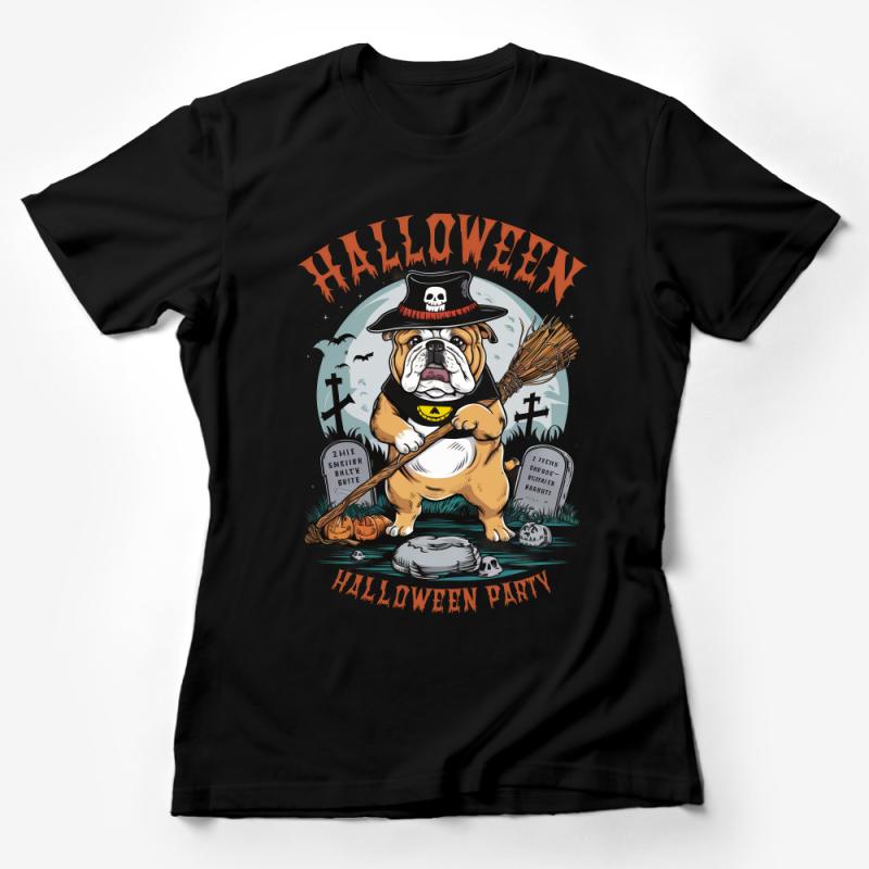 Halloween Bulldog T-Shirt, Funny Dog Costume Party Tee, Spooky Halloween Witch Dog Shirt, Unisex Halloween Graphic Tee Female T-Shirt