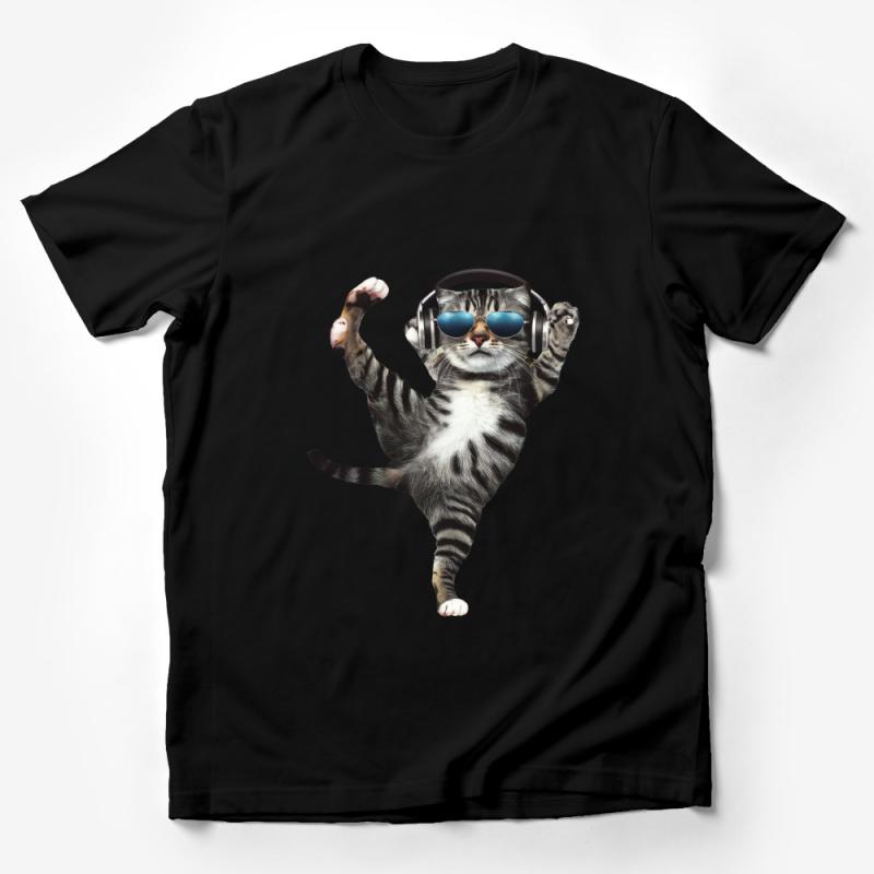 Funny Cat T-Shirt, Cool Dancing Kitten Graphic, Unisex Cat Lover Tee, Whimsical Animal Top, Casual Hipster Clothing, Gift for DJ. Male T-Shirt