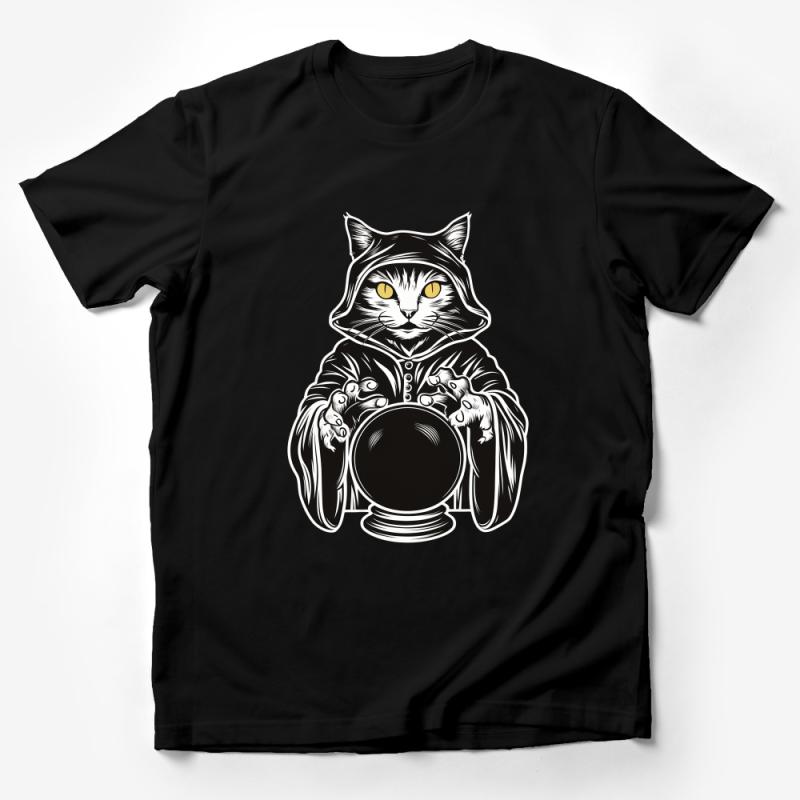 Mystic Cat Crystal Ball T-Shirt, Fortune Teller Feline Tee, Black and White Graphic Shirt, Unisex Cat Lover Gift Idea, Occult Clothing Male T-Shirt