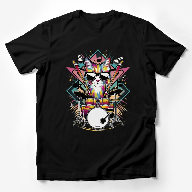 Colorful Cat Drummer T-Shirt, Musician Cat with Sunglasses Tee, Unisex Drum Kit Graphic Shirt, Funky Feline Band Member Top Male T-Shirt