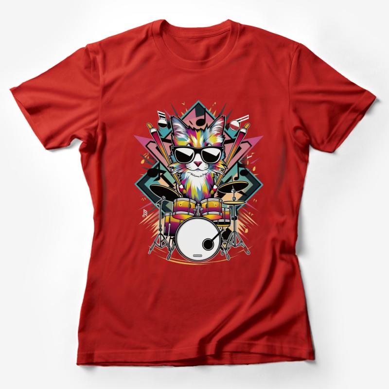 Colorful Cat Drummer T-Shirt, Musician Cat with Sunglasses Tee, Unisex Drum Kit Graphic Shirt, Funky Feline Band Member Top Female T-Shirt