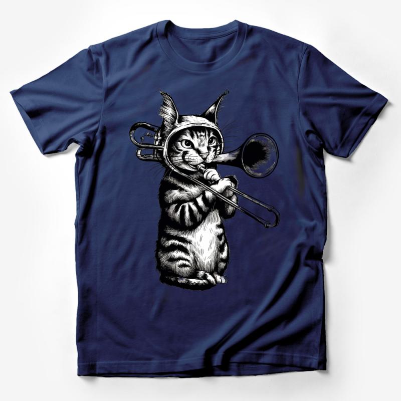 Cat Playing Trombone T-Shirt, Funny Musician Cat Tee, Quirky Jazz Lover Gift, Unique Pet Illustration Shirt, Casual Music Top Male T-Shirt