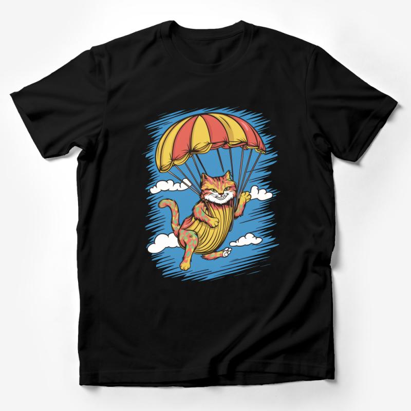 Cat Parachute T-Shirt, Colorful Skydiving Kitty Tee, Funny Cat Lover Gift, Unisex Cotton Shirt, Casual Wear Male T-Shirt