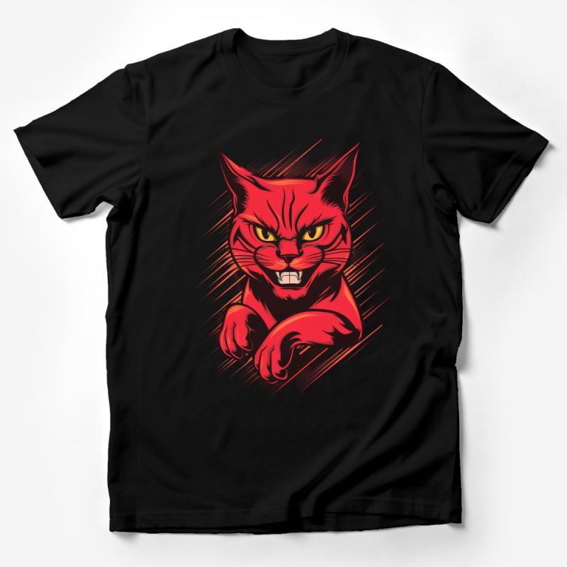 Angry Red Cat T-Shirt, Fierce Feline Graphic Tee, Unisex Animal Print Shirt, Bold Cat Lover Gift, Streetwear Style Male T-Shirt