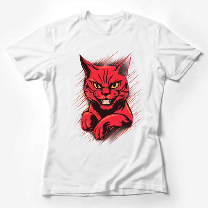 Angry Red Cat T-Shirt, Fierce Feline Graphic Tee, Unisex Animal Print Shirt, Bold Cat Lover Gift, Streetwear Style Female T-Shirt