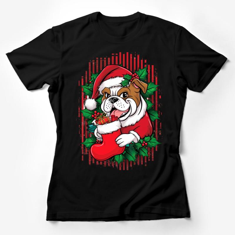 Christmas Bulldog T-Shirt, Cute Santa Dog With Gifts, Holiday Pet Lover Tee, Festive Animal Apparel, Winter Clothing, Unisex Shirt Design Female T-Shirt