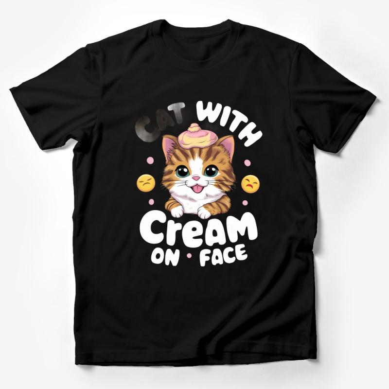 Cute Cat with Cream T-Shirt, Funny Kitty Face Graphic Tee, Unisex Casual Shirt, Gift for Cat Lovers, Soft Cotton Apparel Male T-Shirt