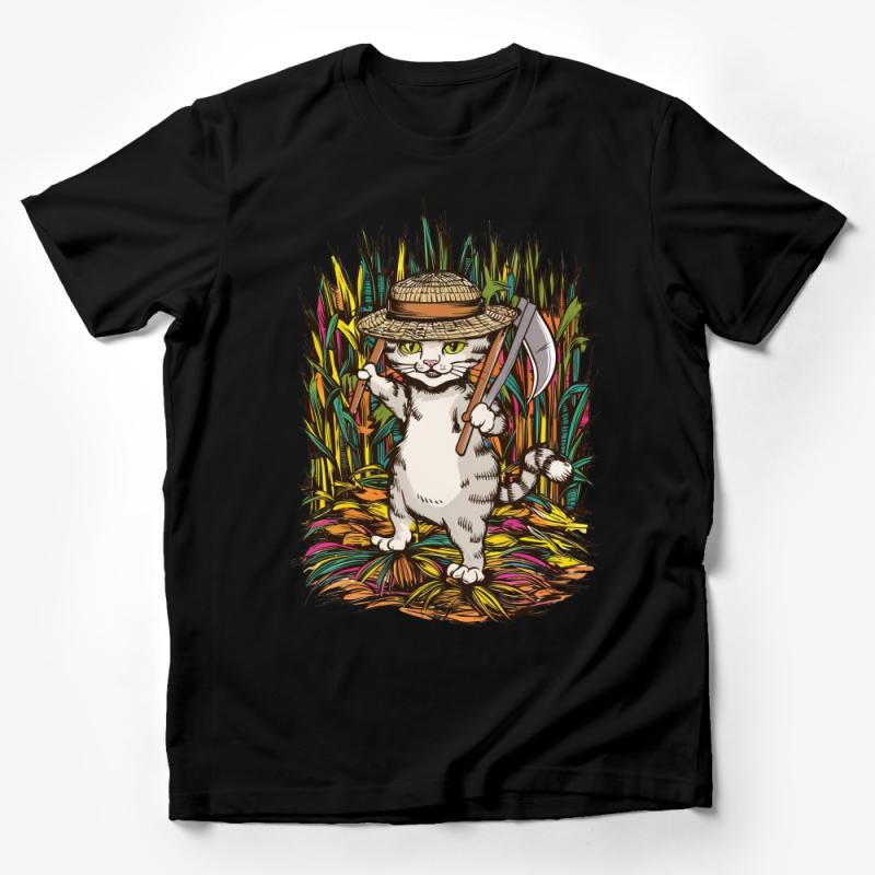 Farmer Cat T-Shirt, Cute Cartoon Kittie in Hat Graphic Tee, Funny Feline Harvest Casual Shirt, Unisex Male T-Shirt